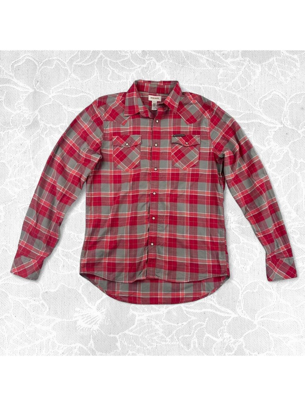 Diesel Vintage  Red and Gray Plaid Western Style Pearl Snap Button-Up - Large